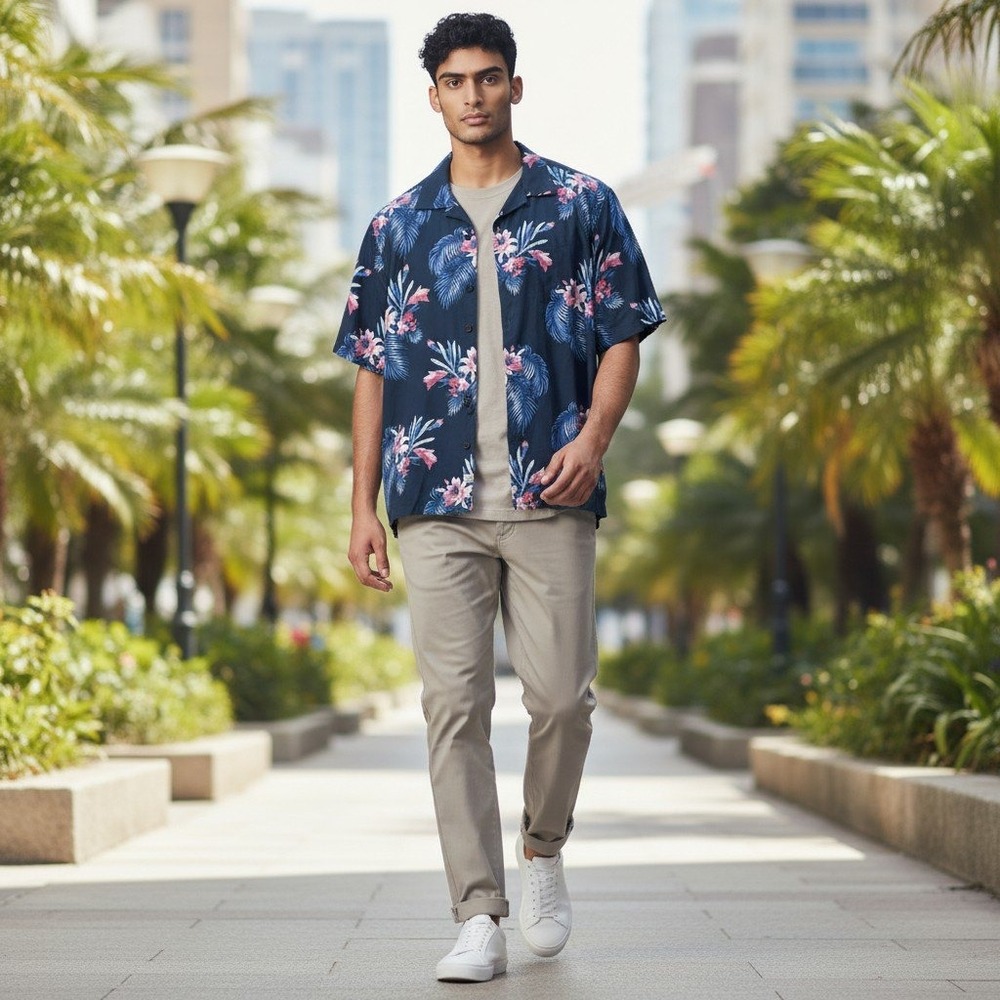 Tommy Bahama XL Navy Blue 100% Silk Floral Palm Leaf Herringbone Camp Shirt